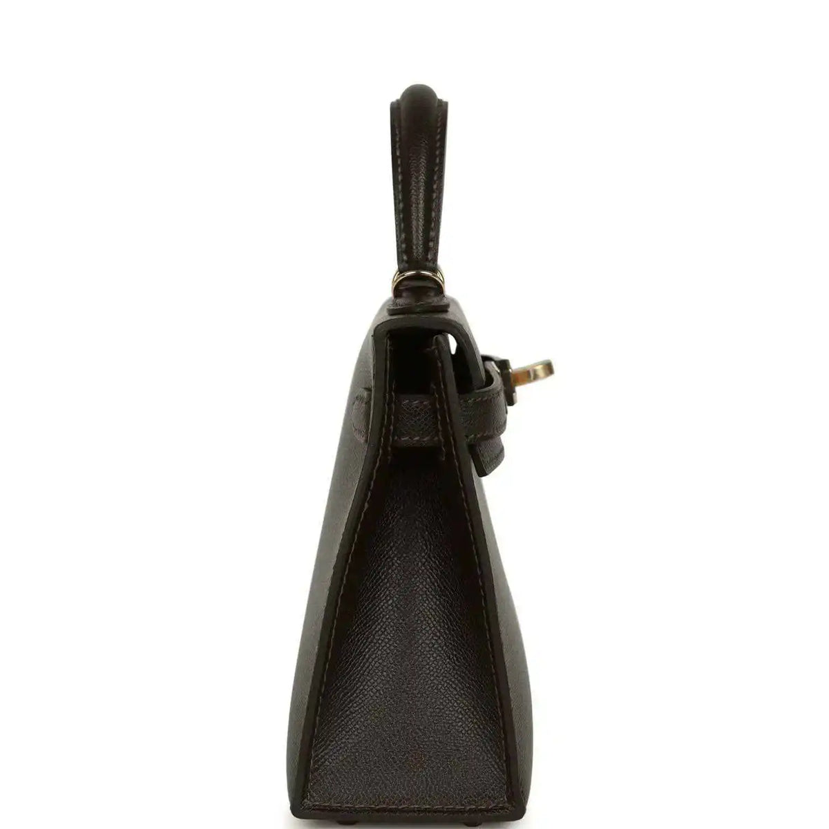Dark leather mini handbag with short handle and gold-tone hardware at side