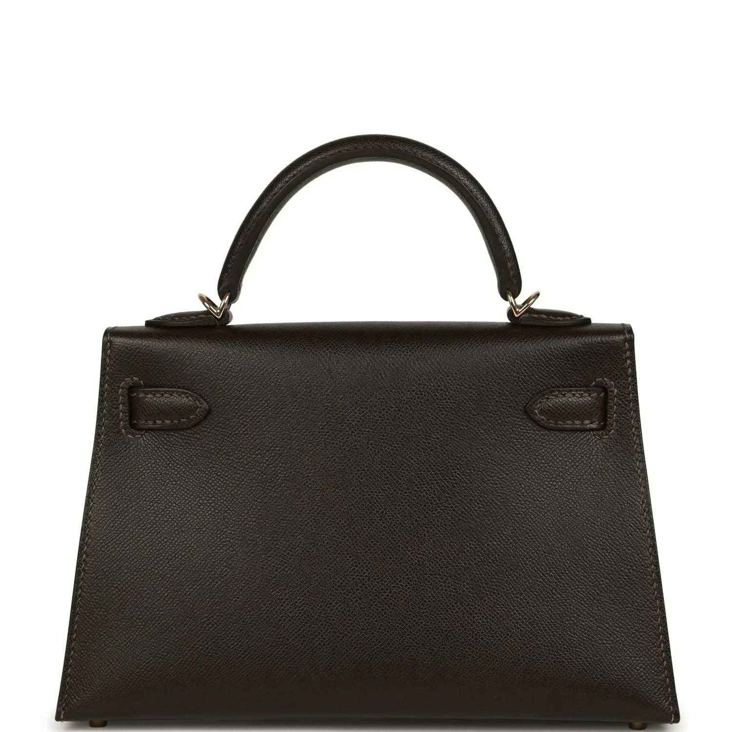 Dark leather mini top-handle bag with stitched panel and two front pockets