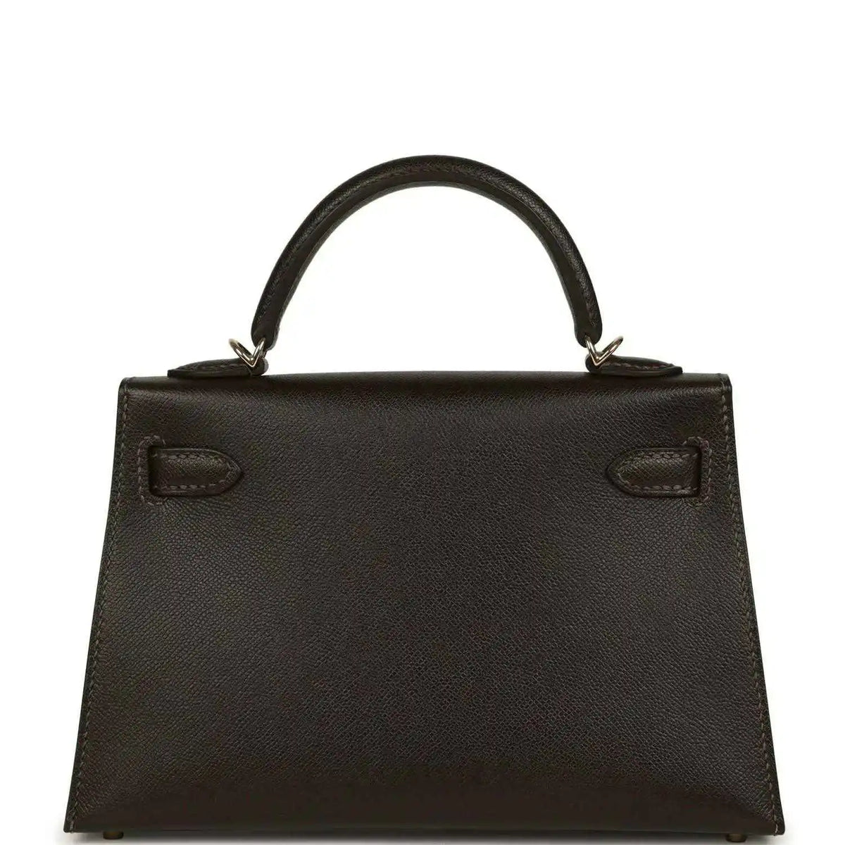 Dark leather mini top-handle bag with stitched panel and two front pockets