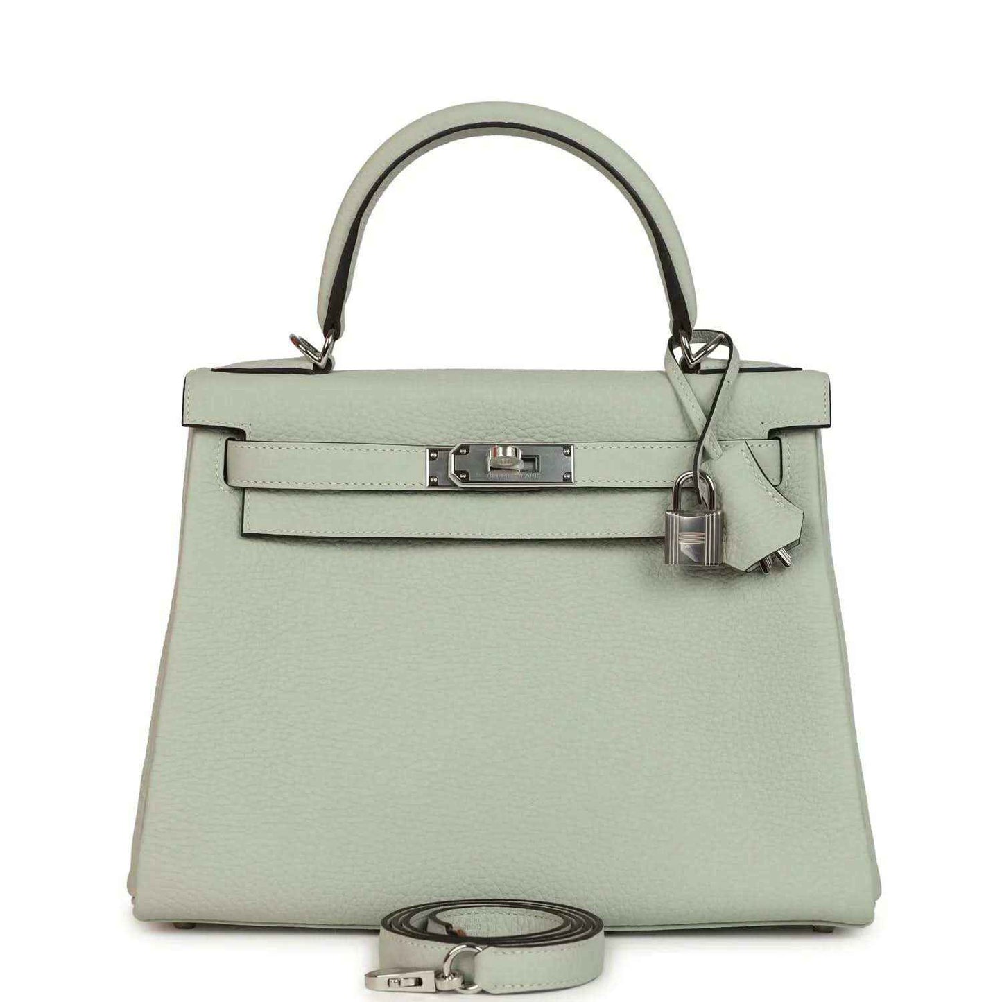Hermes Kelly Retourne 28 bag in light gray-green with top handle and front turnlock