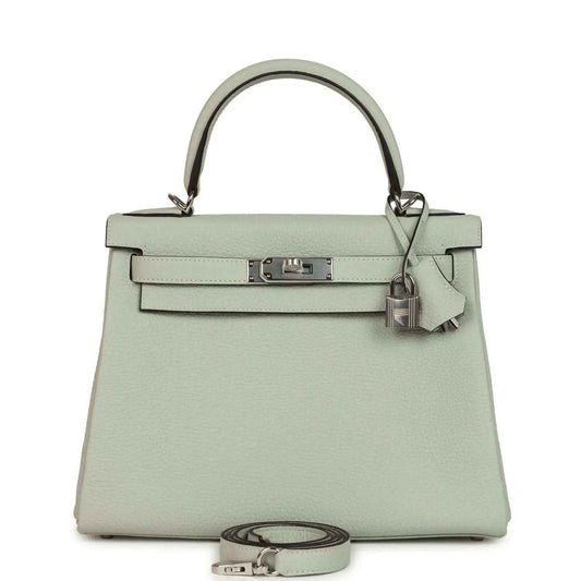 Hermes Kelly Retourne 28 bag in light gray-green with top handle and front turnlock