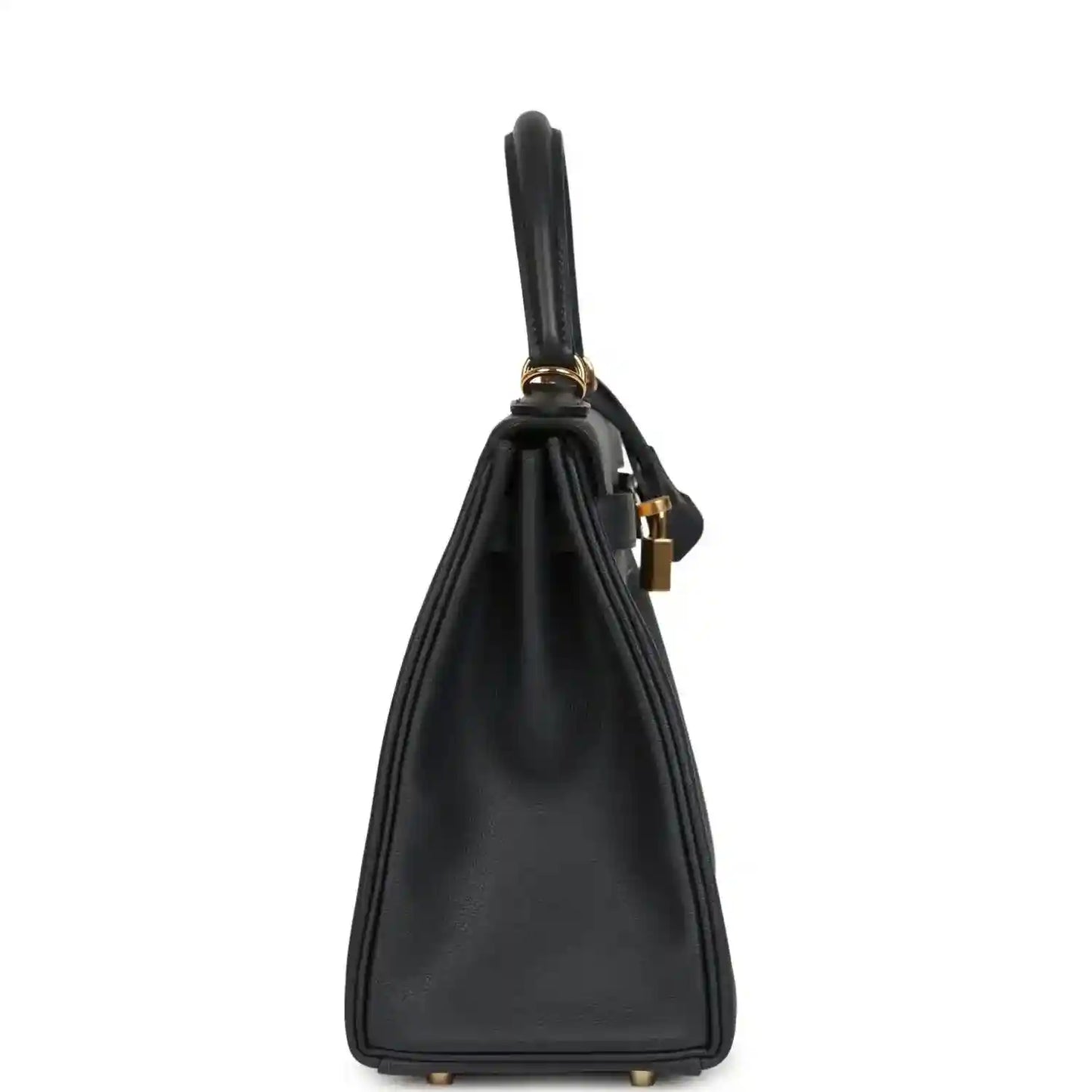 Hermes Kelly Retourne 28 handbag back, dark navy leather, top handle loop, gold feet.