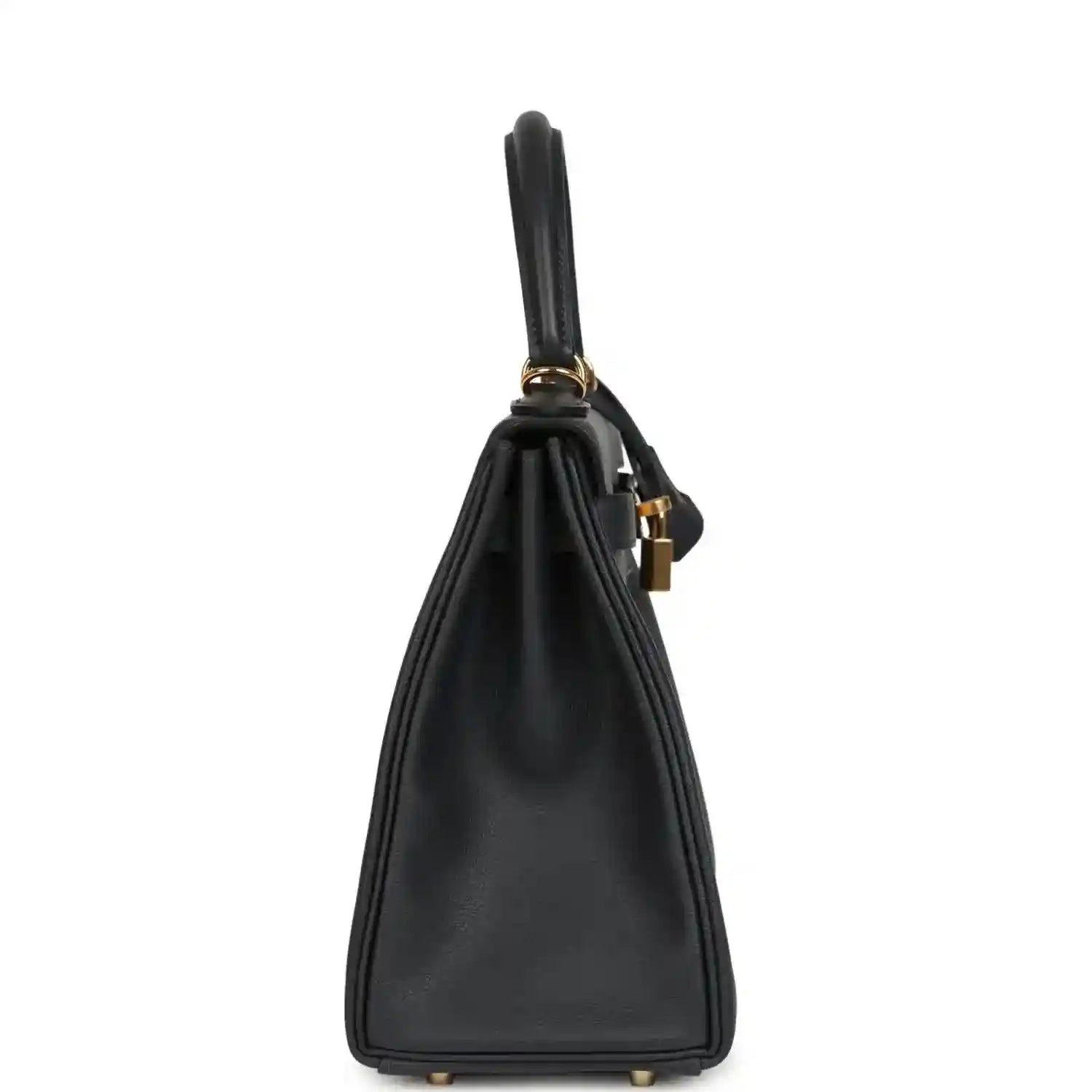 Hermes Kelly Retourne 28 handbag back, dark navy leather, top handle loop, gold feet.