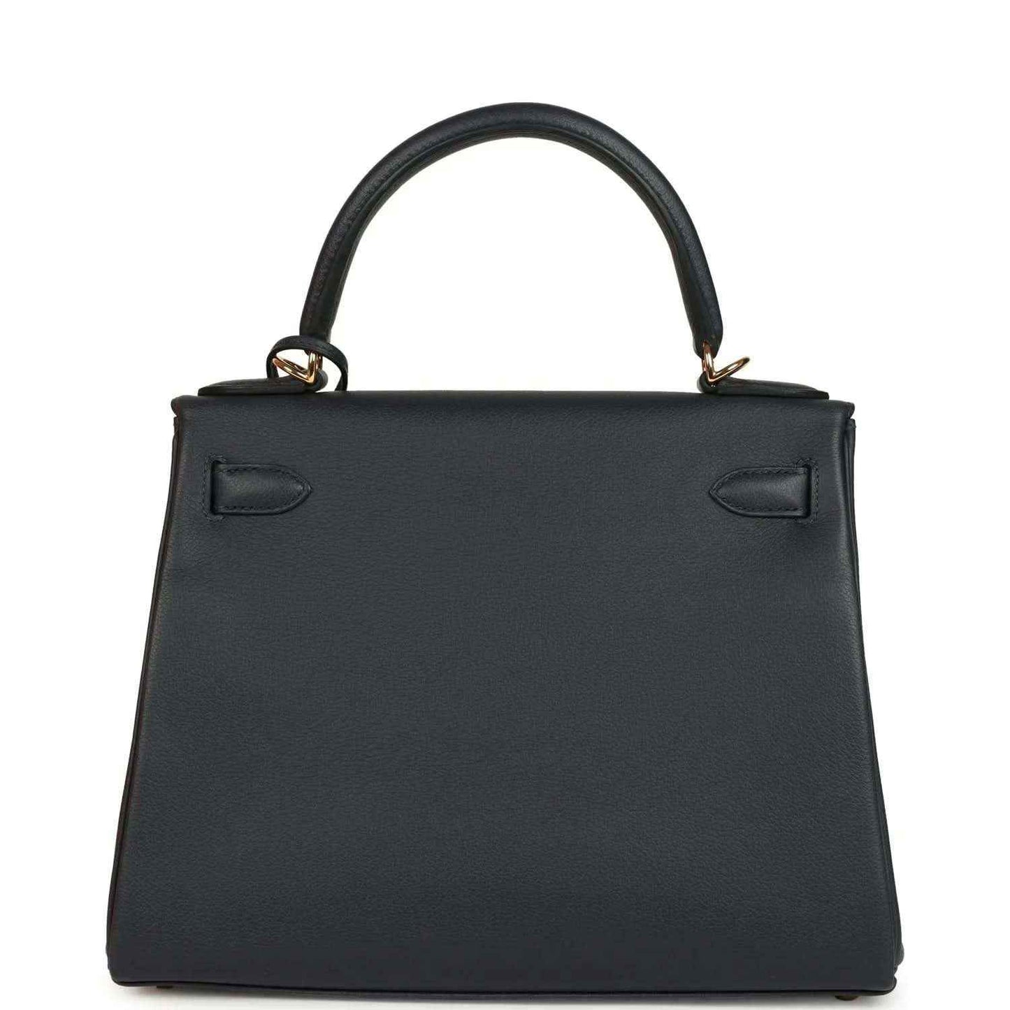 Hermes Kelly Retourne 28 handbag front, dark navy leather, structured shape, top handles.