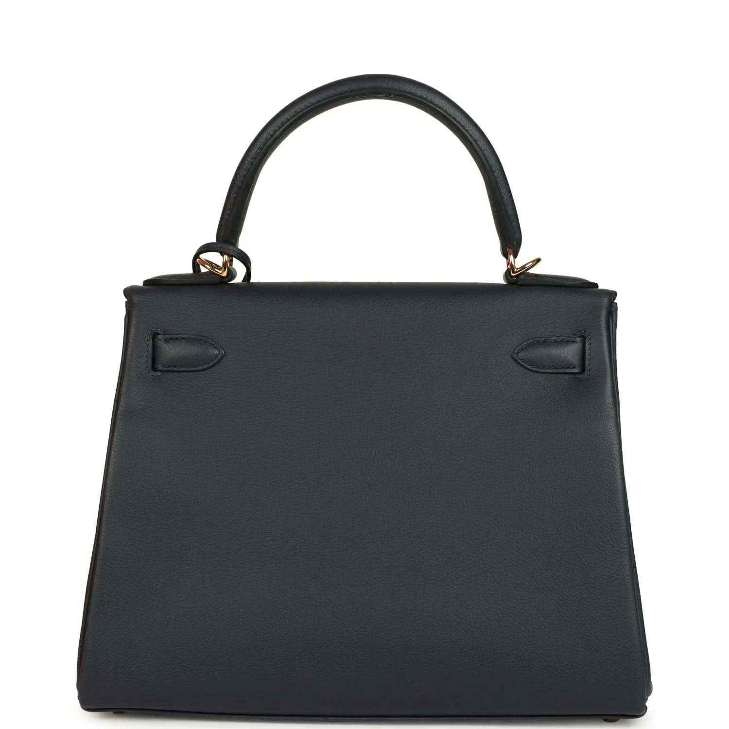 Hermes Kelly Retourne 28 handbag front, dark navy leather, structured shape, top handles.
