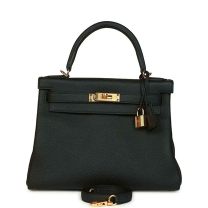 Hermes Kelly Retourne 28 handbag in black Togo leather with gold hardware, front view