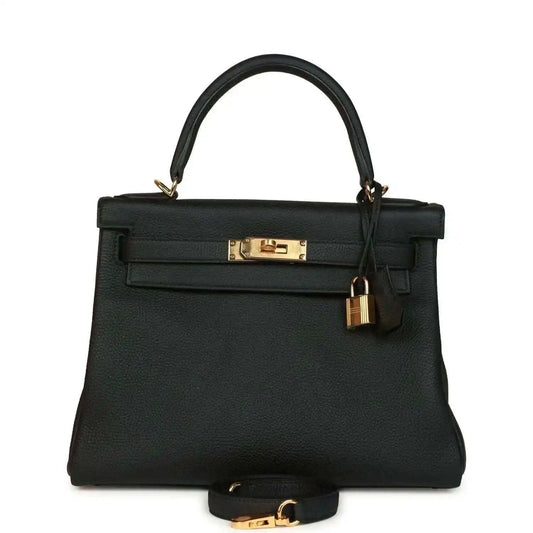Hermes Kelly Retourne 28 handbag in black Togo leather with gold hardware, front view
