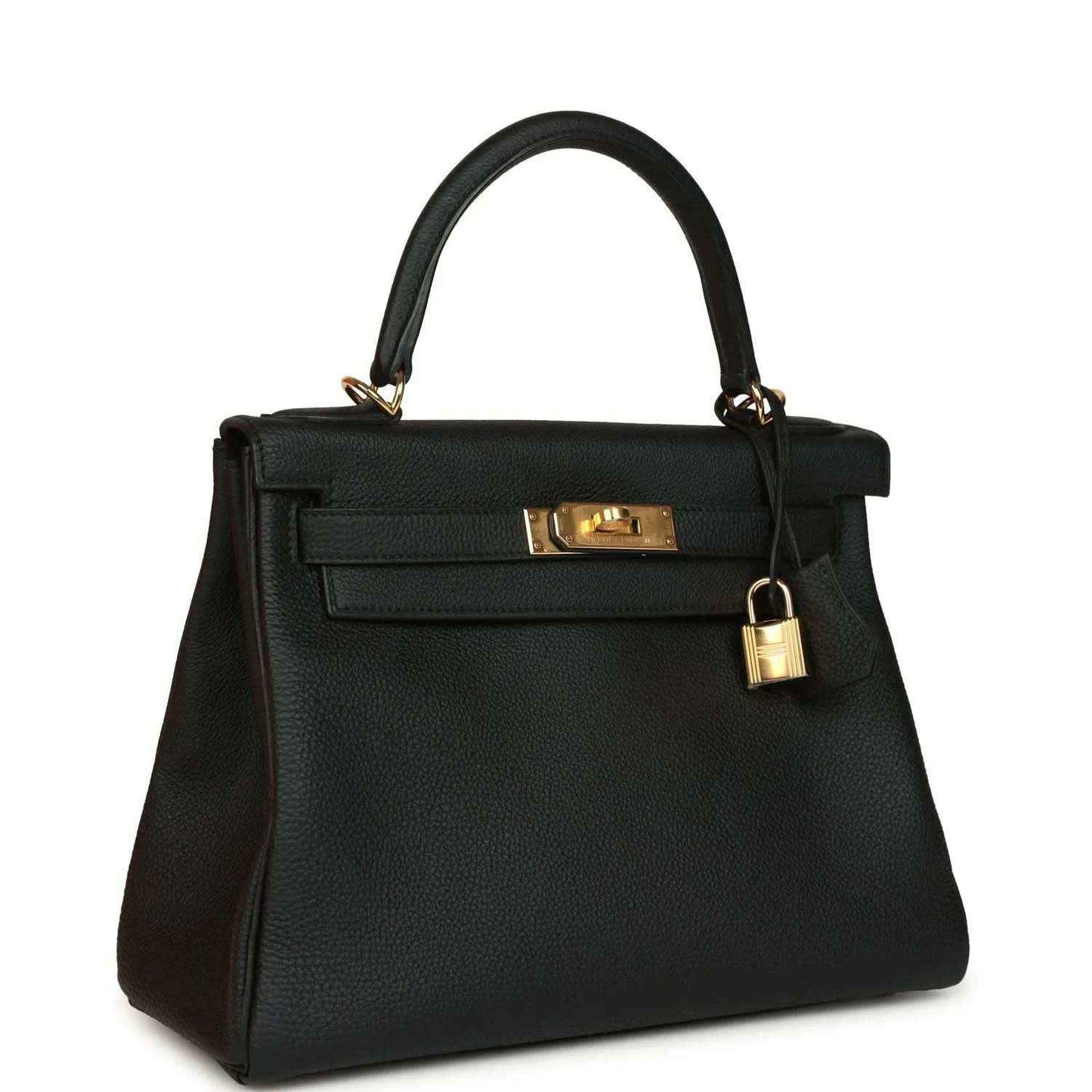 Hermes Kelly Retourne 28 handbag, black Togo leather with gold clasp and hanging lock