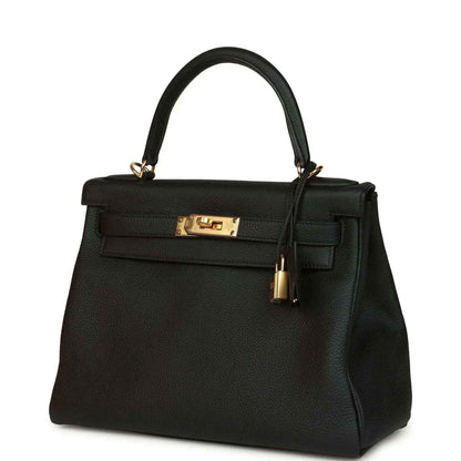 Hermes Kelly Retourne 28 handbag, black Togo leather with gold clasp and lock detail