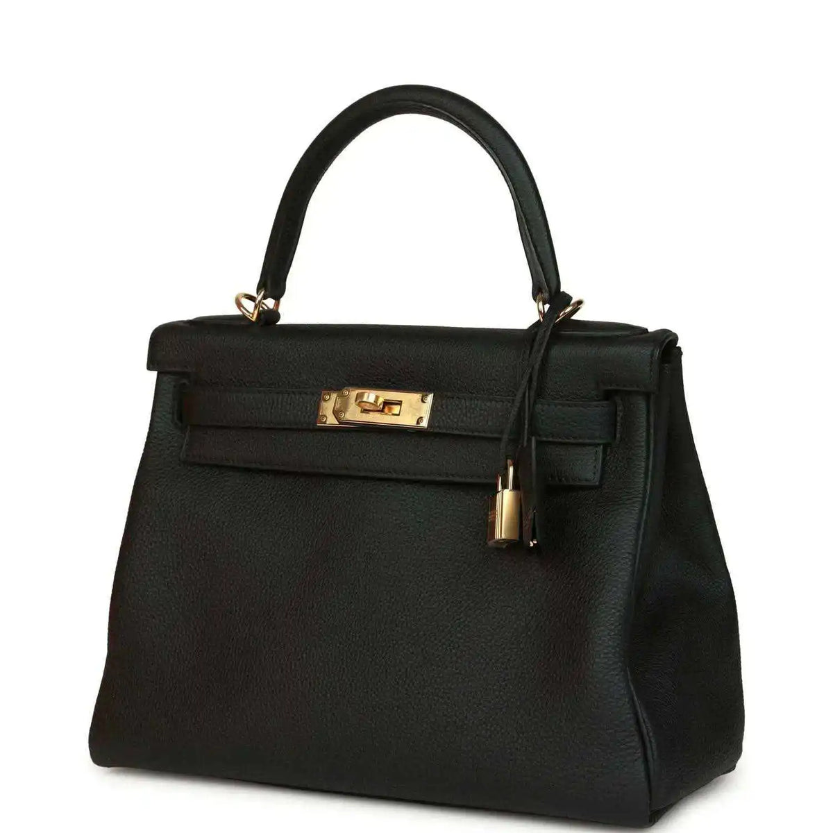 Hermes Kelly Retourne 28 handbag, black Togo leather with gold clasp and lock detail