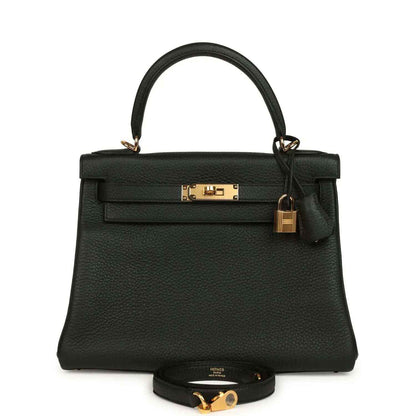 Hermes Kelly Retourne 28 black leather bag with gold-tone turn-lock and top handles