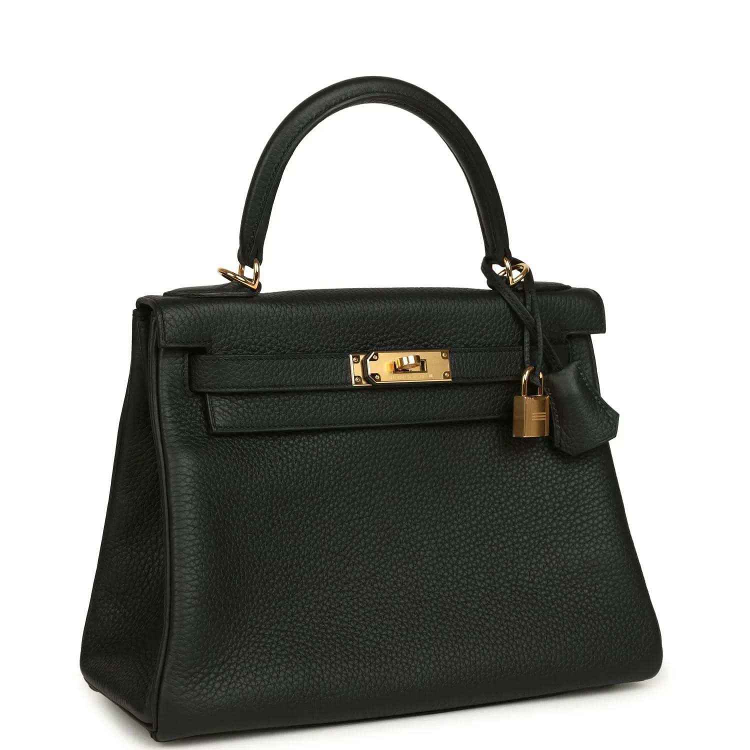 Hermes Kelly Retourne 28 black leather handbag with front flap, gold-tone lock, top handles