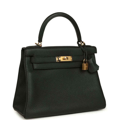 Hermes Kelly Retourne 28 black leather handbag with front flap, gold-tone lock, top handles