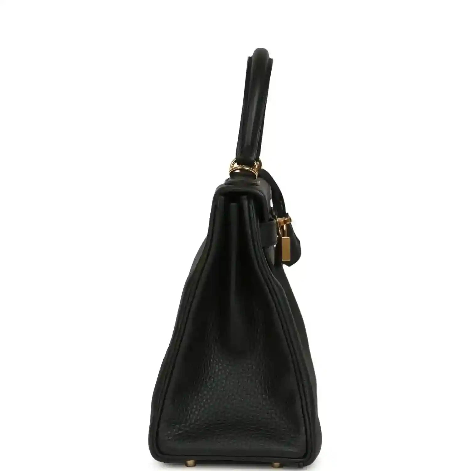 Hermes Kelly Retourne 28 black leather bag side view with gold-tone hardware and top handle