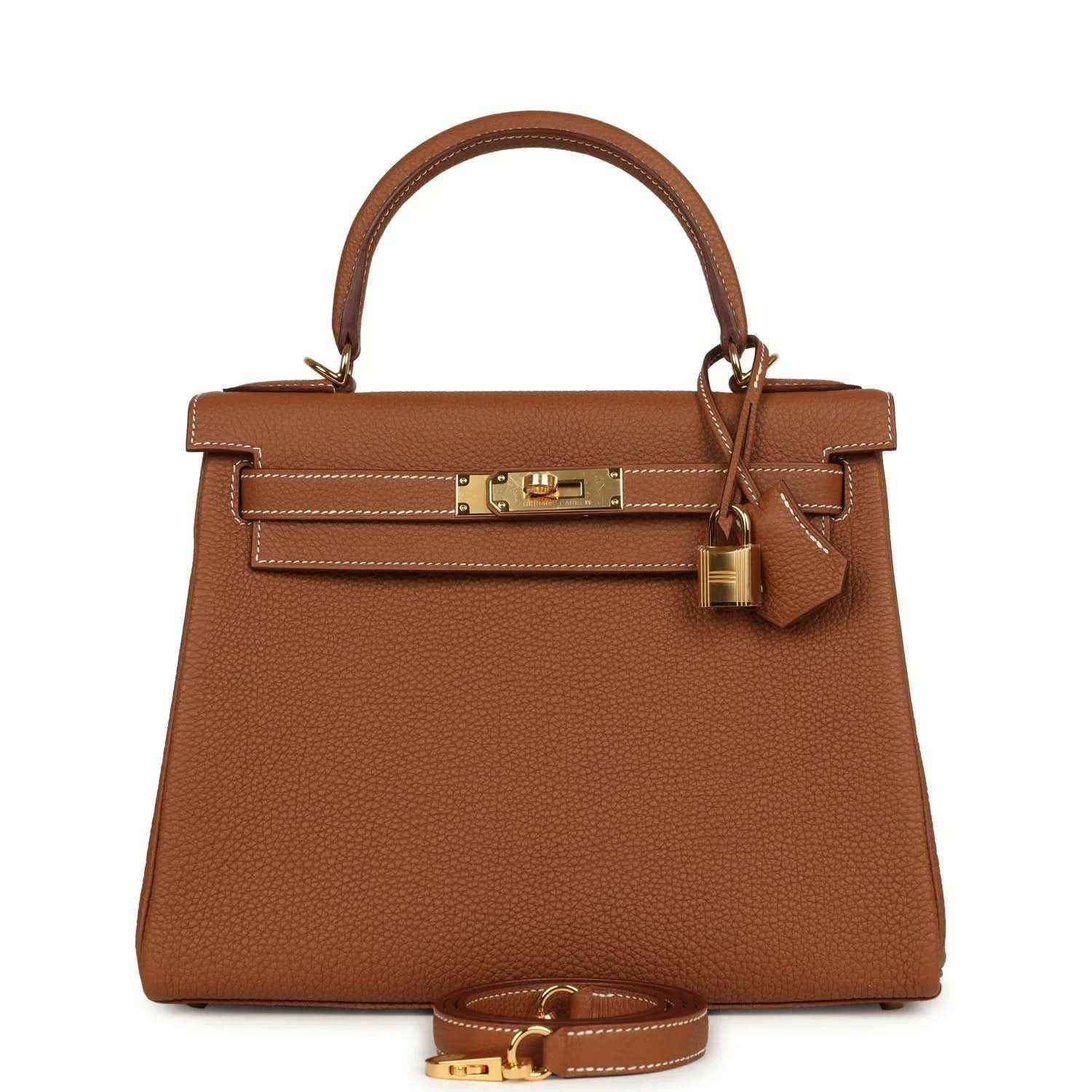 Leather handbag in tan brown with top handles and gold-tone front lock hardware