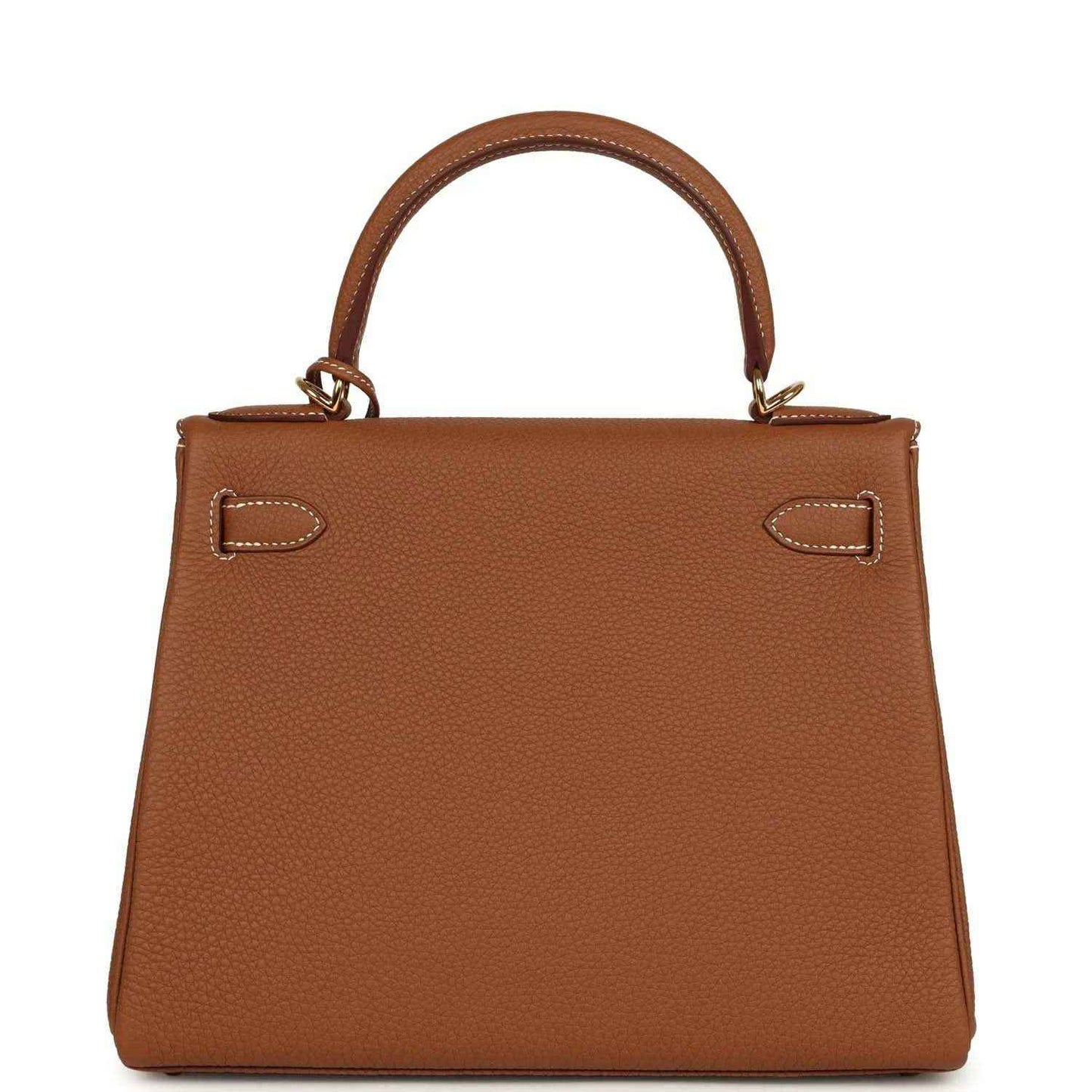 Tan brown leather handbag back view with two strap loops and gold-tone hardware