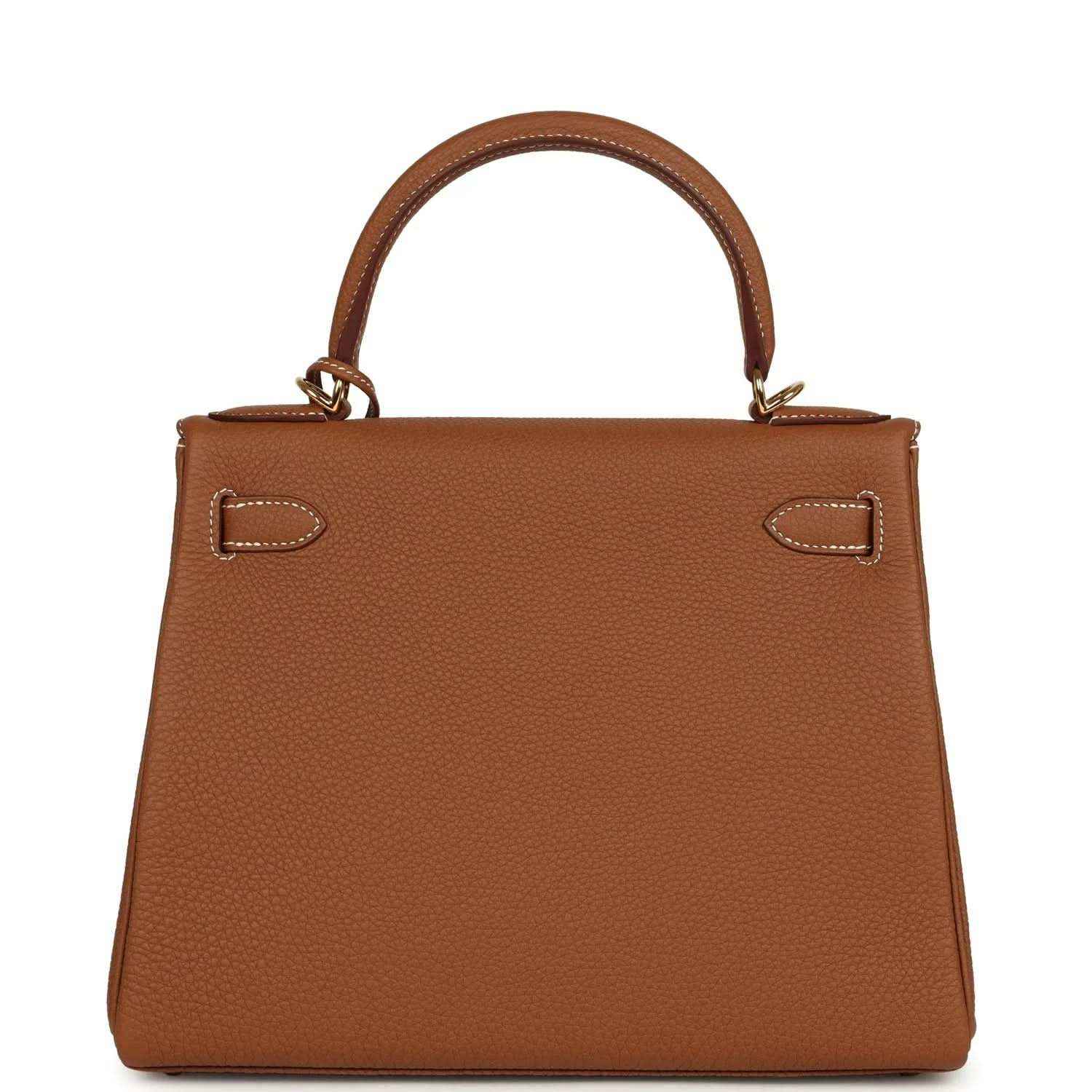 Tan brown leather handbag back view with two strap loops and gold-tone hardware