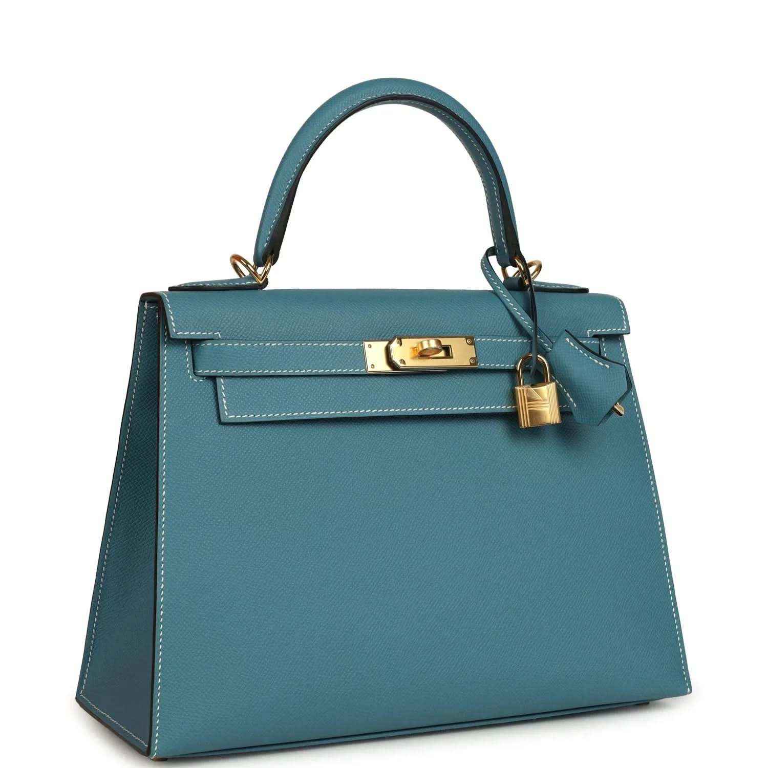 Blue leather Kelly handbag with gold turn-lock and front flap, top handles and strap.