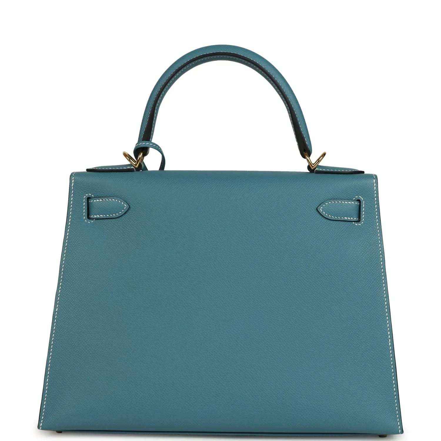 Blue leather handbag with two side gussets, stitched flap, and top handles with gold-tone rings.