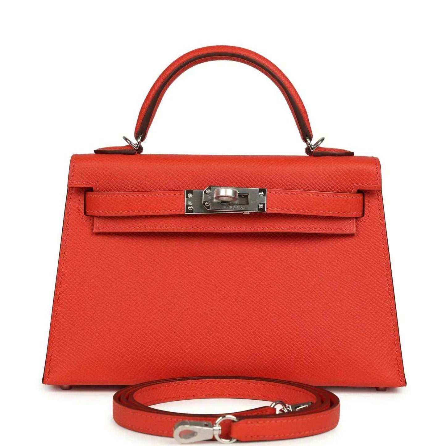 Red Epsom leather mini top-handle bag with flap closure and silver-tone hardware