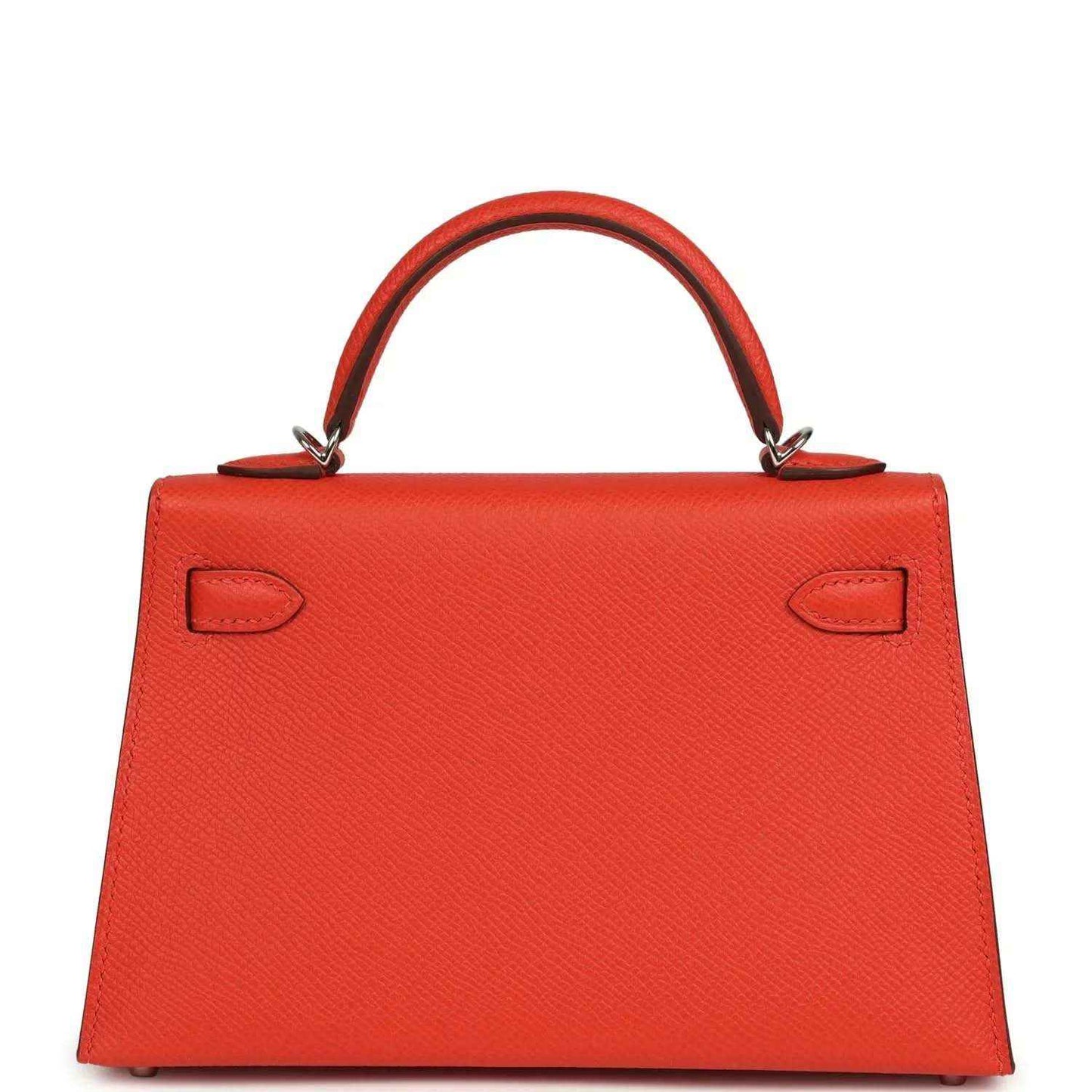 Red mini Kelly bag rear panel with two stitched accents