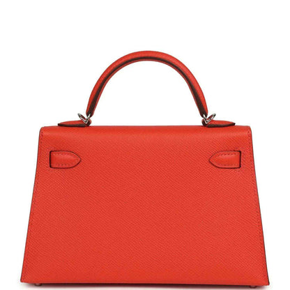 Red mini Kelly bag rear panel with two stitched accents