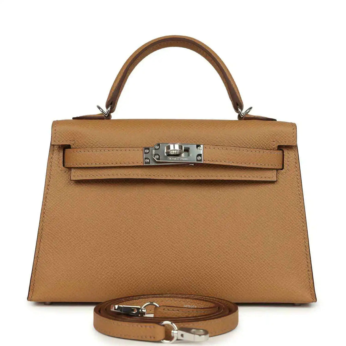 Hermes Kelly Sellier bag in biscuit Epsom leather, top handle, palladium clasp, strap