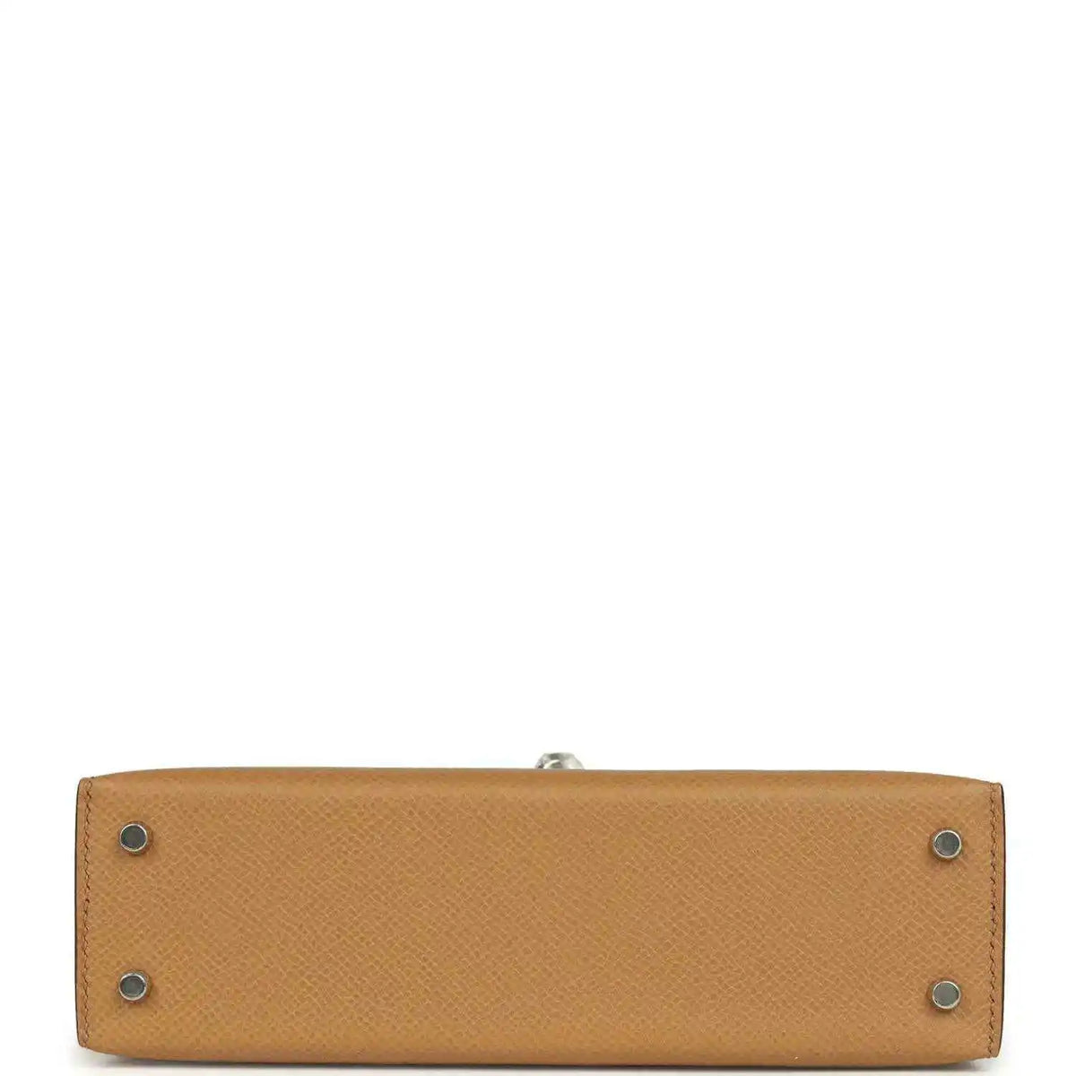 Hermes Kelly Sellier bag bottom view in biscuit Epsom leather with four protective studs
