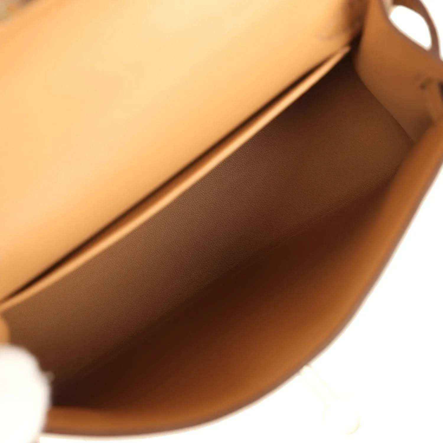 Hermes Kelly Sellier bag interior view in biscuit leather with smooth lining