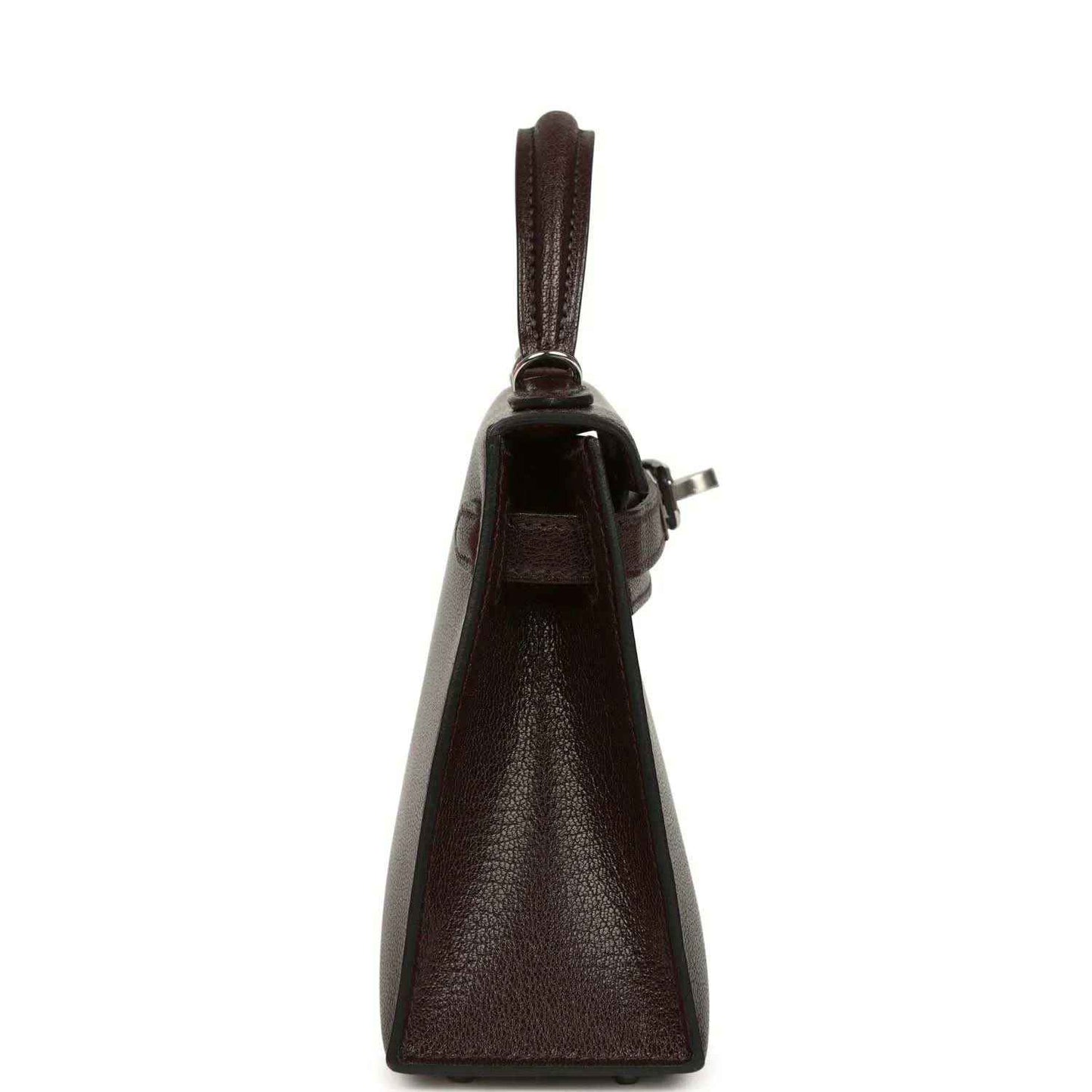 Small leather handbag side view with top handle and clasp hardware