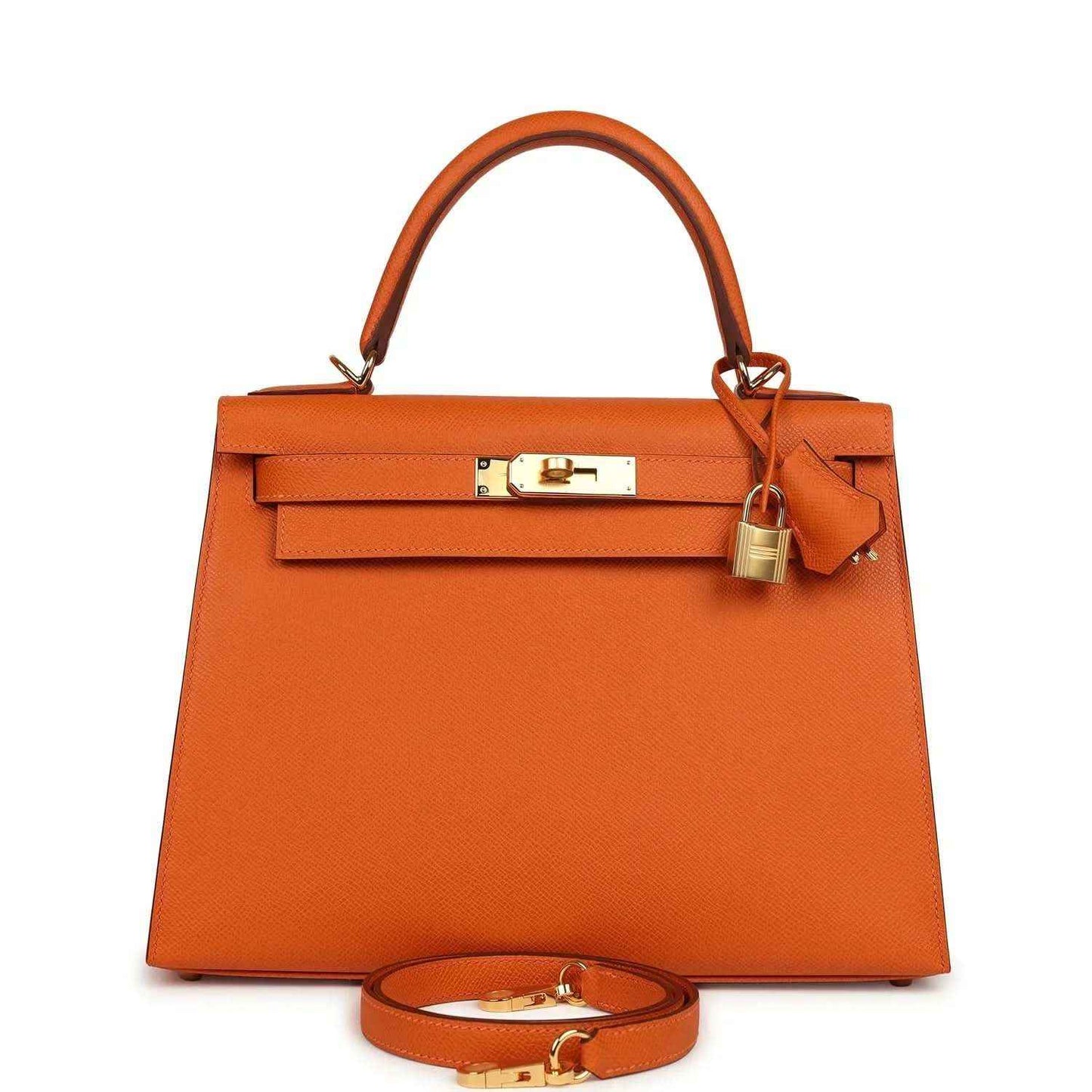 Orange leather Kelly bag with gold hardware, top handle and detachable shoulder strap.
