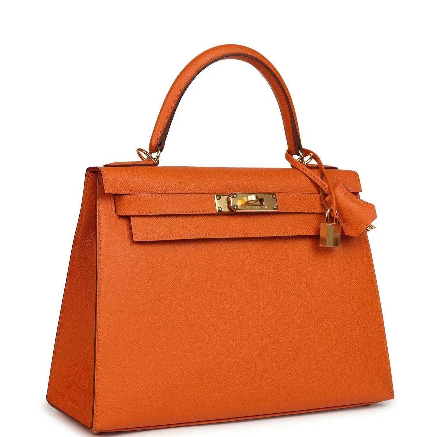 Orange leather Kelly bag with gold clasp and top handle, angled view.