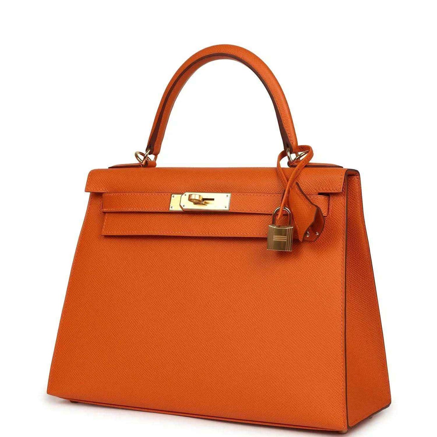 Orange leather Kelly bag with gold clasp, top handle and side lock detail.