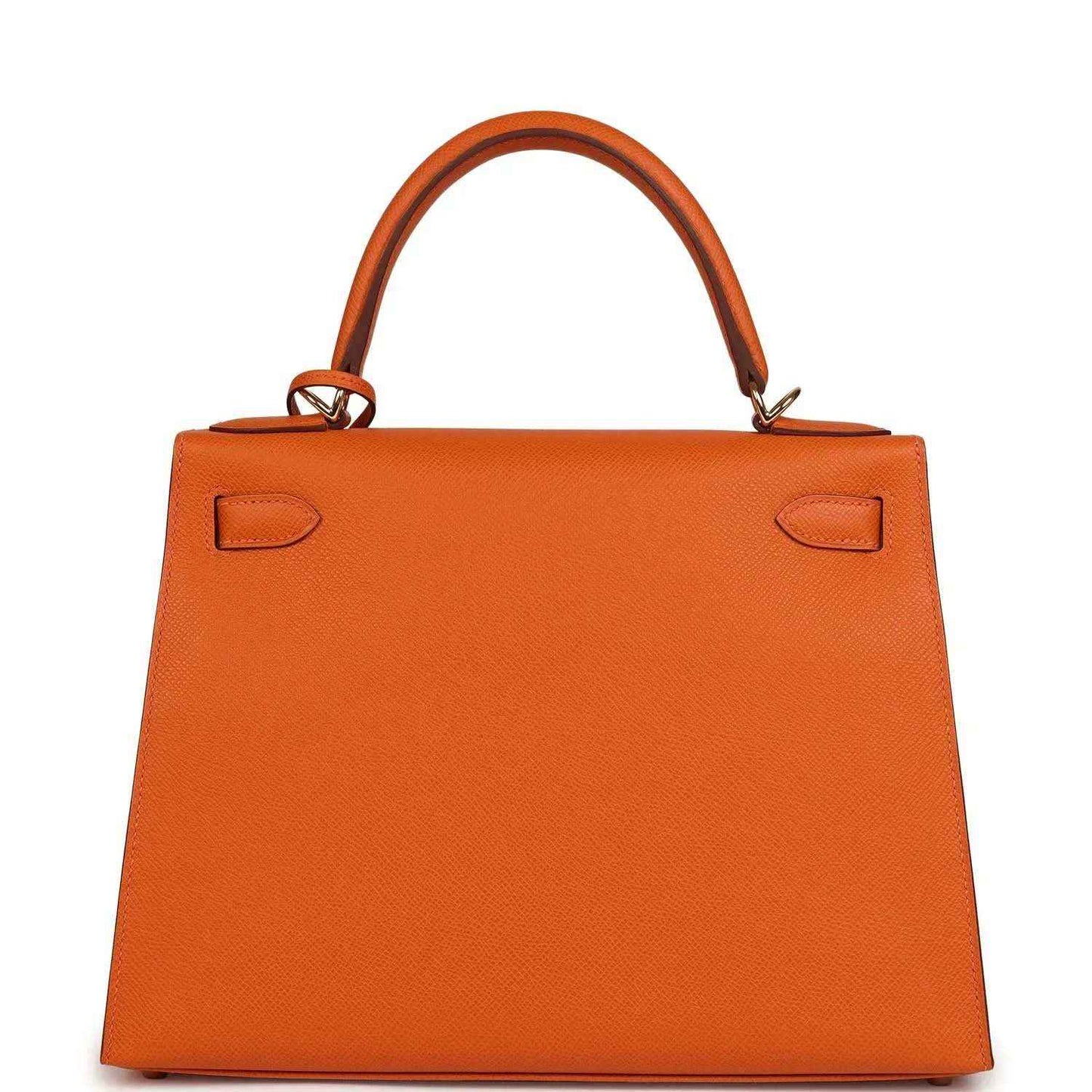 Orange leather Kelly bag with front flap pockets and top handle, front view.
