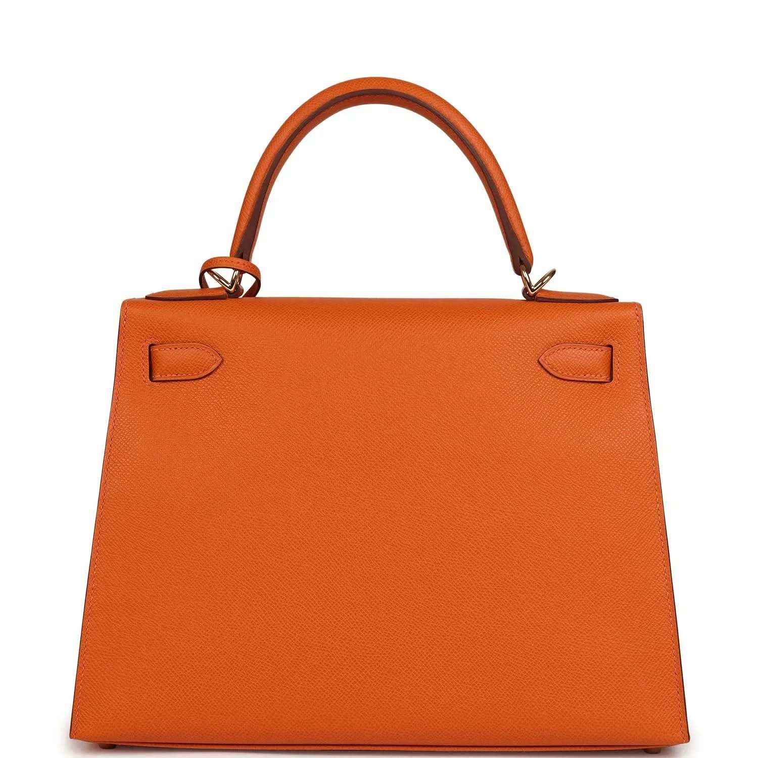 Orange leather Kelly bag with front flap pockets and top handle, front view.