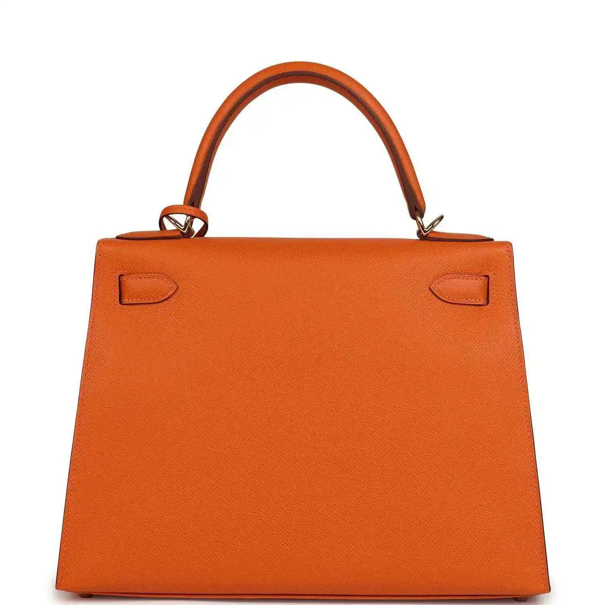 Orange leather Kelly bag with front flap pockets and top handle, front view.