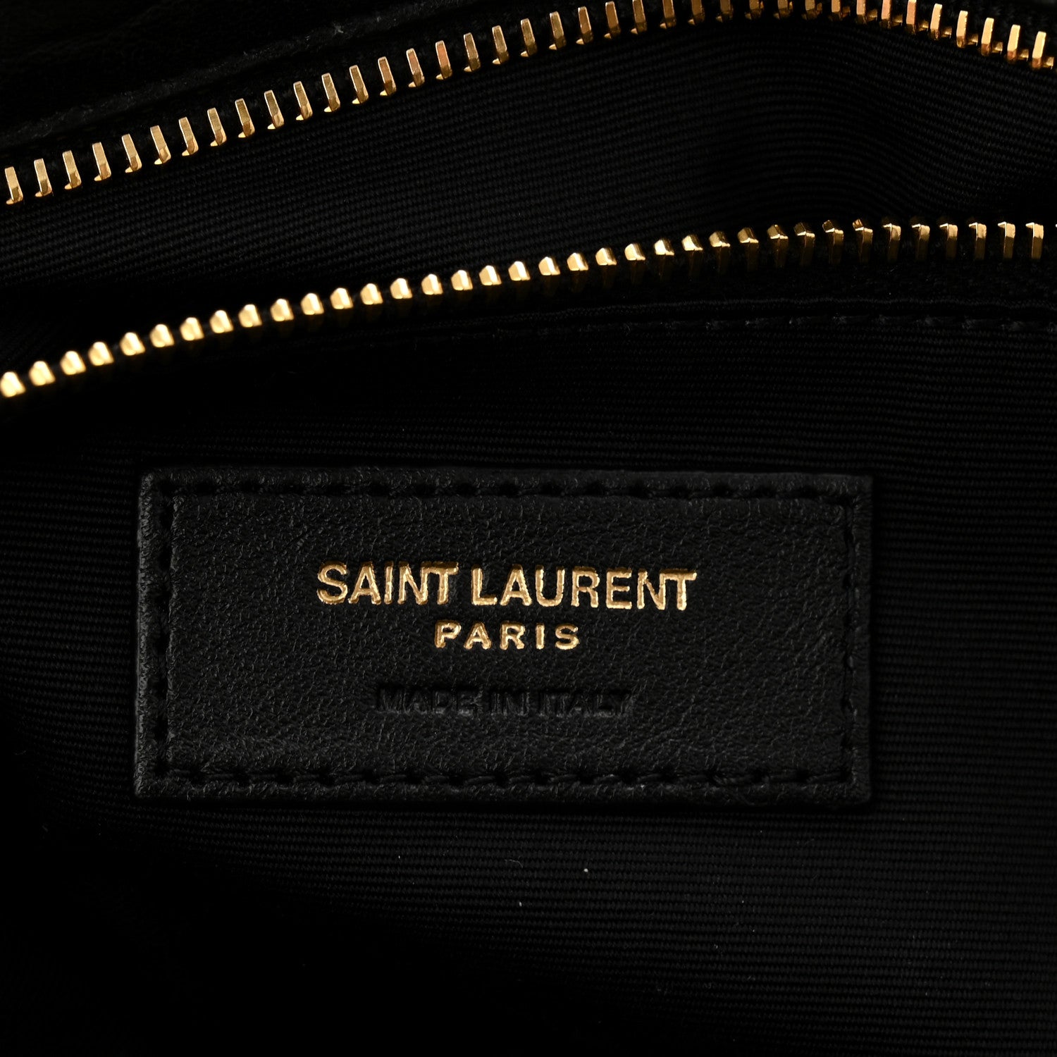 Saint Laurent Paris logo patch inside black lining, with zipper edge