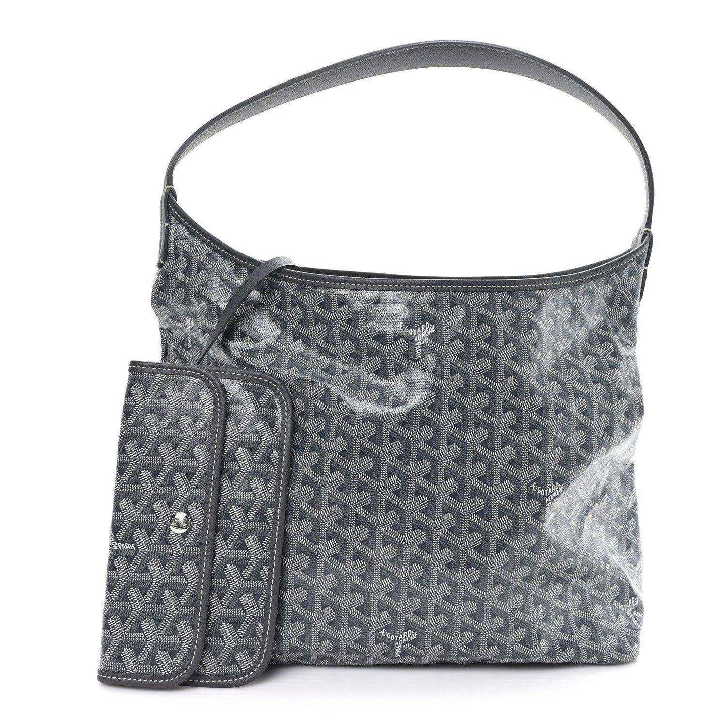 Grey hobo bag with top handle, front zip pouch, and repeating Goyard logo pattern