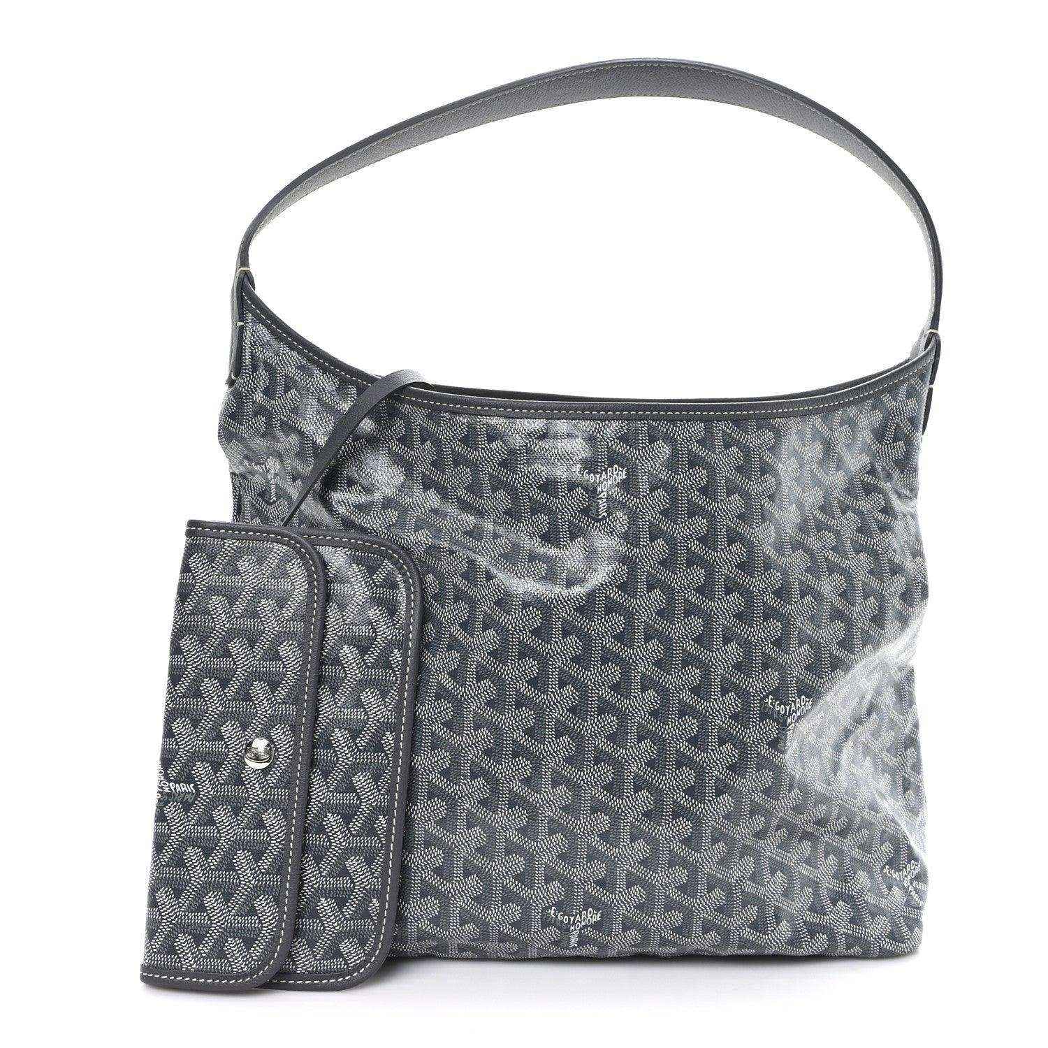 Grey hobo bag with top handle, front zip pouch, and repeating Goyard logo pattern
