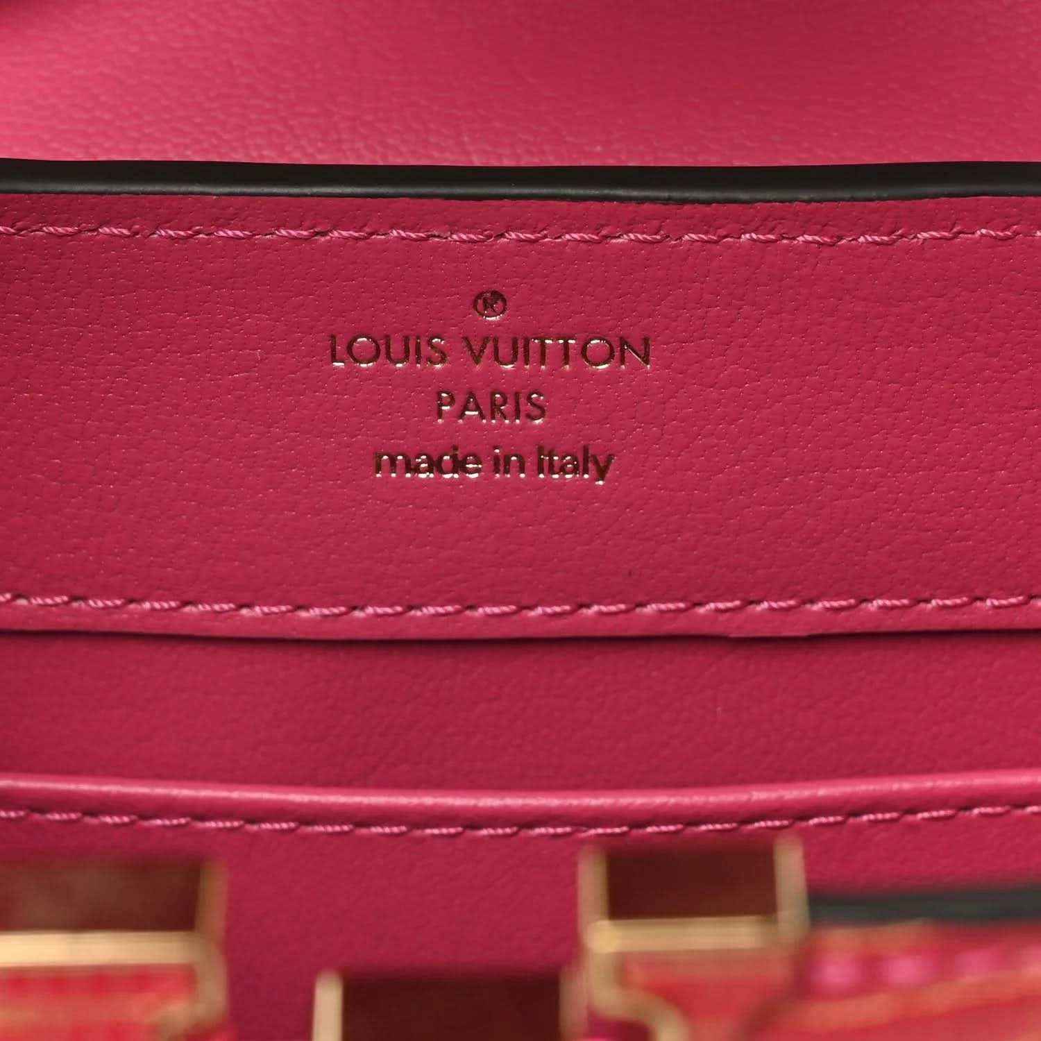 Louis Vuitton leather mini handbag label: LOUIS VUITTON PARIS, made in Italy.