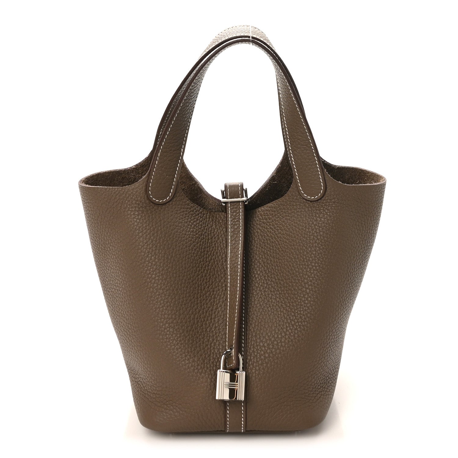 Taupe leather tote bag with Picotin lock and two top handles