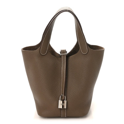 Taupe leather tote bag with Picotin lock and two top handles