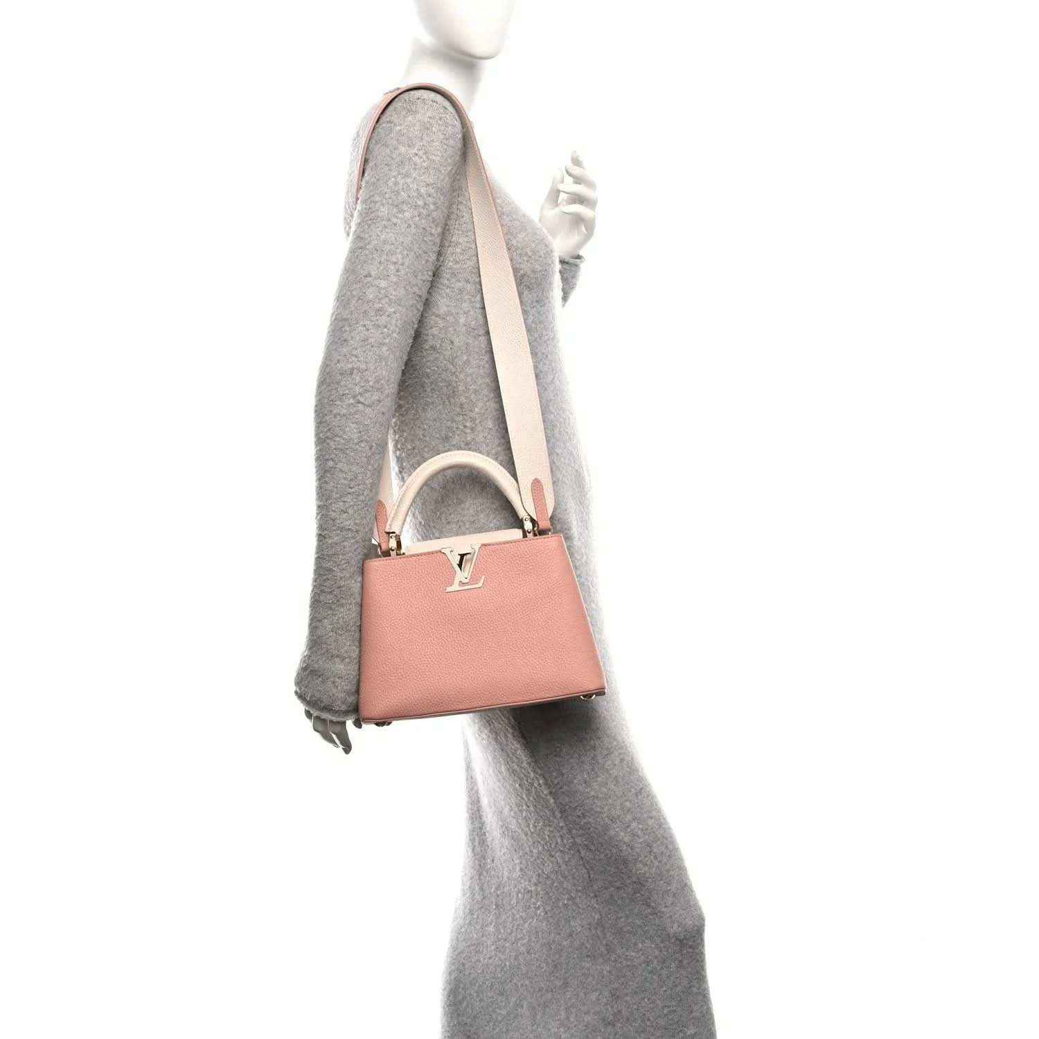 Rose mini leather handbag with short handles, gold clasp, and crossbody strap