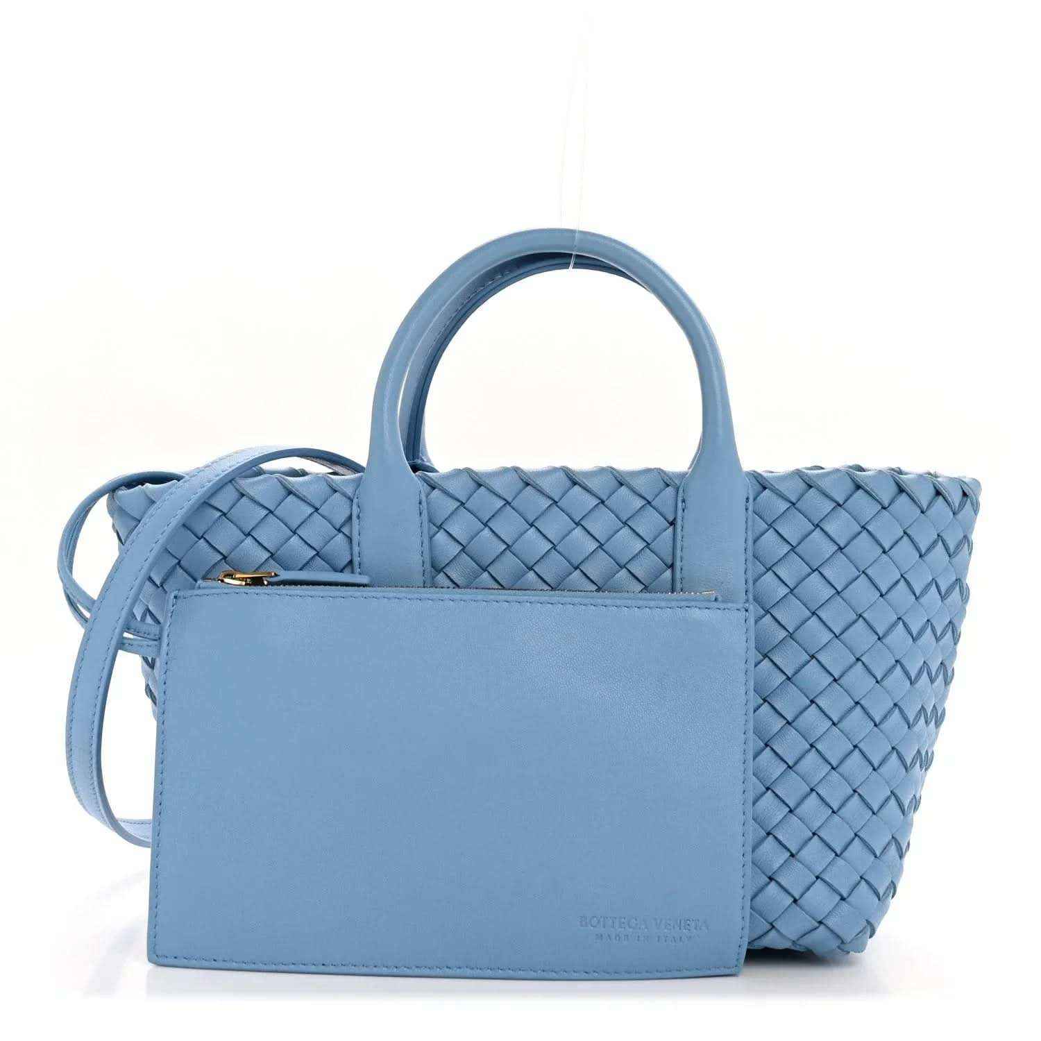 Blue intrecciato mini cabat tote with front flap pocket and two top handles