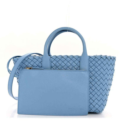 Blue intrecciato mini cabat tote with front flap pocket and two top handles