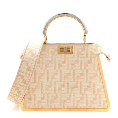 Fendi small Peekaboo satchel bag in light beige with repeating FF pattern and gold top handle