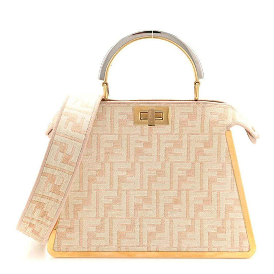 Fendi small Peekaboo satchel bag in light beige with repeating FF pattern and gold top handle