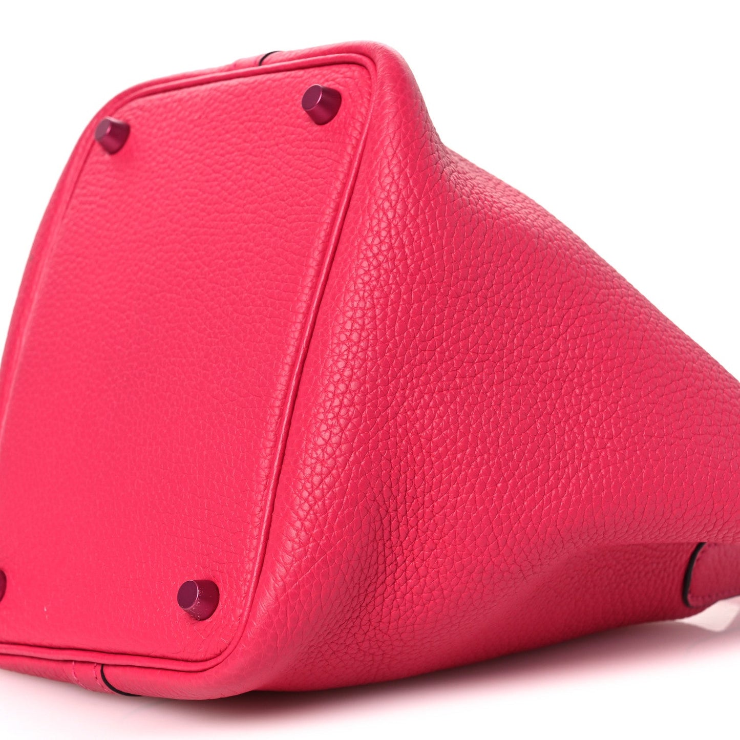 Rose pink leather bucket tote corner with metal snap buttons