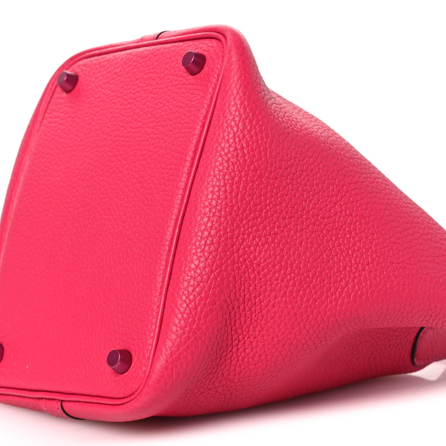Rose pink leather bucket tote corner with metal snap buttons