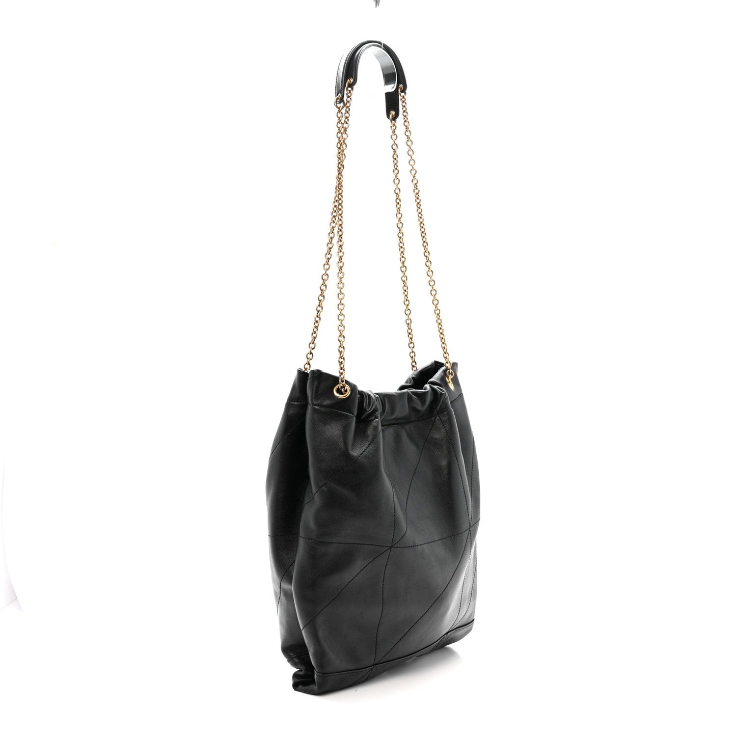 Black leather bucket-style shoulder bag with drawstring top and gold chain handles